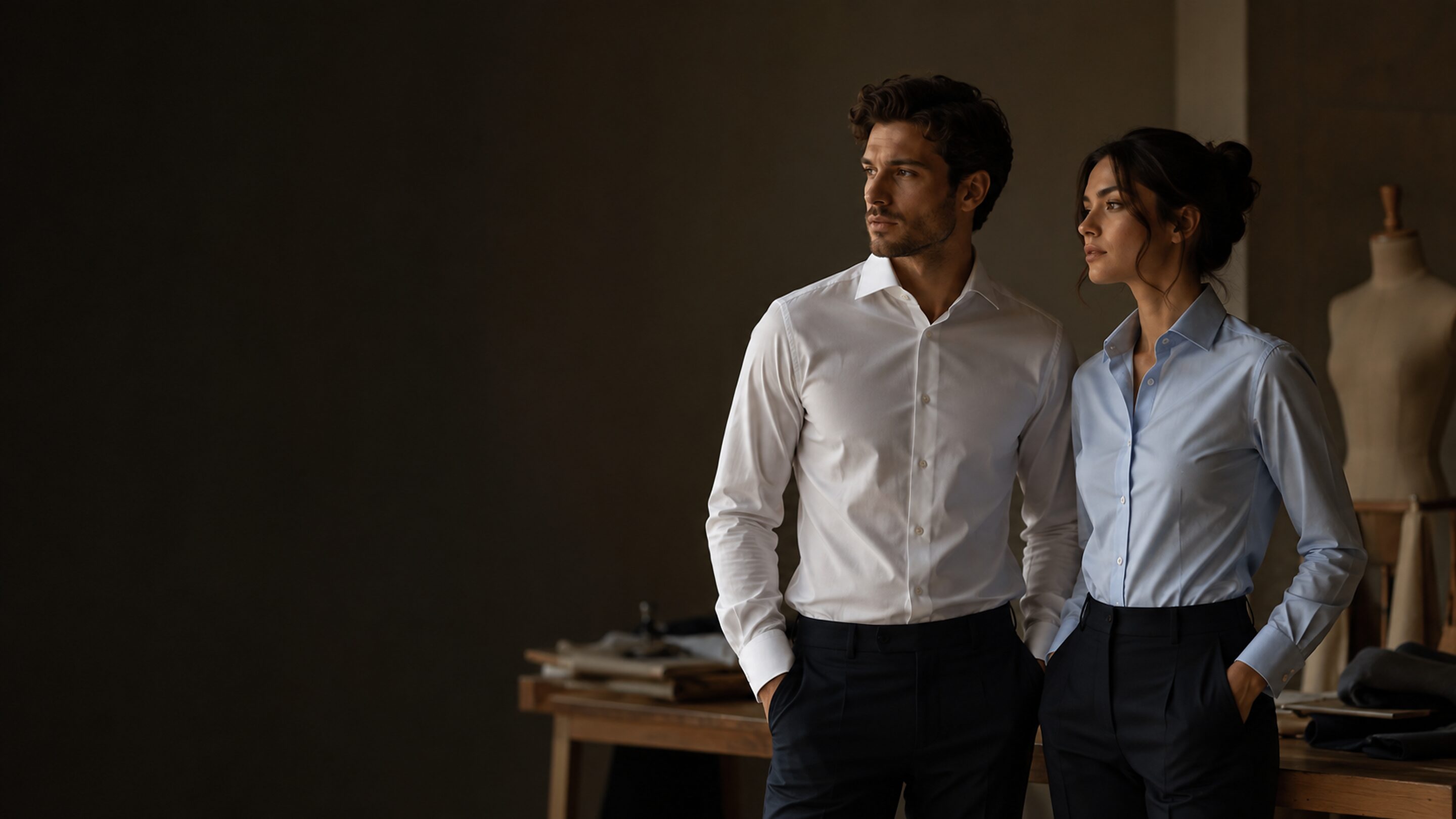 A man and a woman wearing long-sleeved made-to-measure shirts in a tailoring workshop
